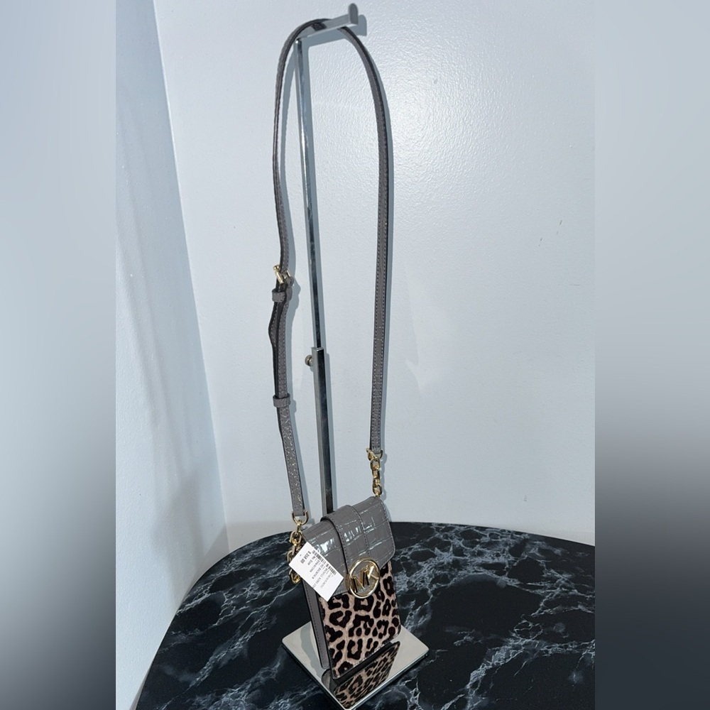 MICHAEL KORS Leopard Shoulder Crossbody Bag Gray Brown Leather AUTHENTIC NWT - Picture 2 of 10